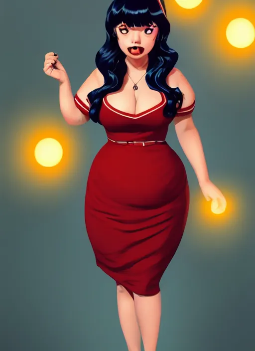 Image similar to full body portrait of teenage veronica lodge, obese, bangs, sultry, realistic, sultry smirk, wavy hair, red skirt, fat, belly, intricate, elegant, glowing lights, highly detailed, digital painting, artstation, concept art, smooth, sharp focus, illustration, art by wlop, mars ravelo and greg rutkowski