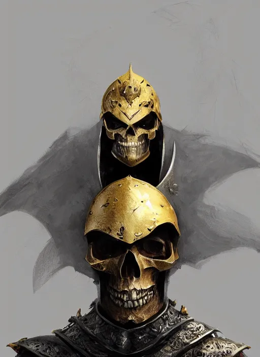 Image similar to a character concept of a skull headed knight with a skull hemet, wearing golden armor, hyper realistic, unreal, craig mullins, alex boyd, lord of the rings, game of thrones, dark souls, artstation, warhammer
