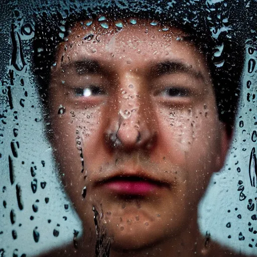 Image similar to diffuse portrait of person's face reflected in a window facing out on a rainy evening.