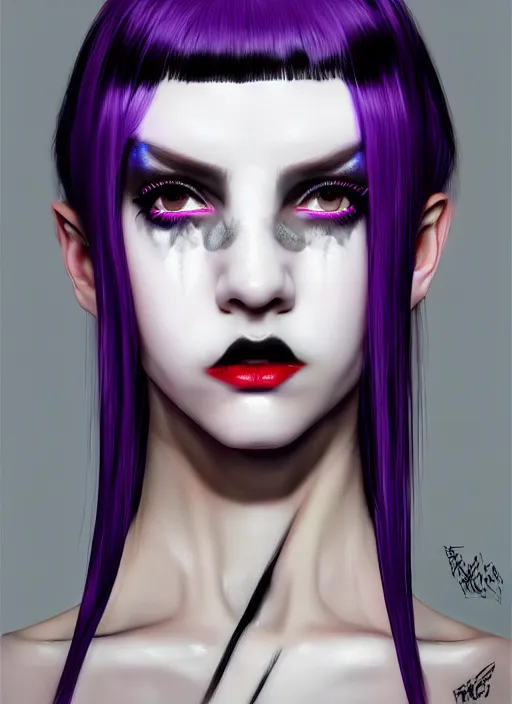 Prompt: whitebangs, black hair, black cyberlox, portrait of white teenage girl, normal face, white bangs, mall goth, cyberlox, whitebangs, red contact lenses, purple lipstick, intricate, elegant, highly detailed, digital painting, artstation, concept art, sharp focus, smooth, illustration, art by wlop, mars ravelo and greg rutkowski