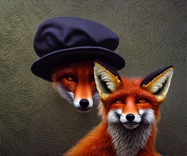 Image similar to hyper detailed 3d render like a Oil painting - portrait of an anthro fox wearing a beret and pointing a glock at the camera, by Jacek Yerka, Mariusz Lewandowski, Houdini algorithmic generative render, Abstract brush strokes, Masterpiece, Edward Hopper and James Gilleard, Zdzislaw Beksinski, Mark Ryden, Wolfgang Lettl, hints of Yayoi Kasuma, octane render, 8k