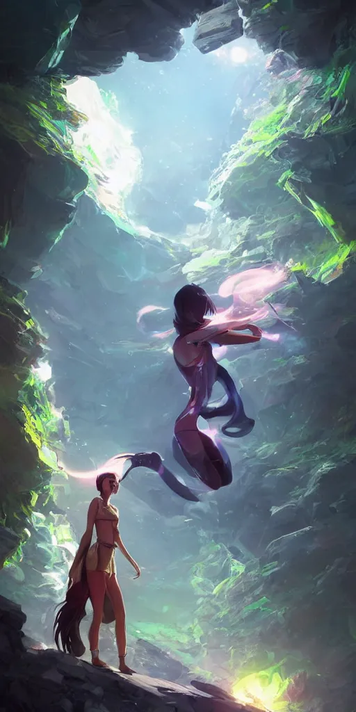 Image similar to beautiful young Himalayan woman with psychic powers, floating in a cave, sad, futuristic, somber, sci-fi summer fashion , by Makoto Shinkai and Wojtek Fus, by studio trigger, rossdraws, dramatic lighting, reflective light