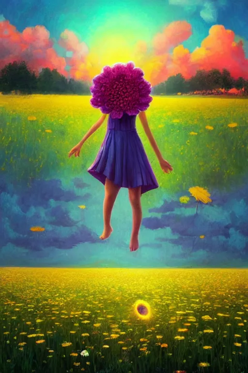 Image similar to giant daisy flower as head, girl dancing in a flower field, surreal photography, sunrise, dramatic light, impressionist painting, colorful clouds, digital painting, artstation, simon stalenhag