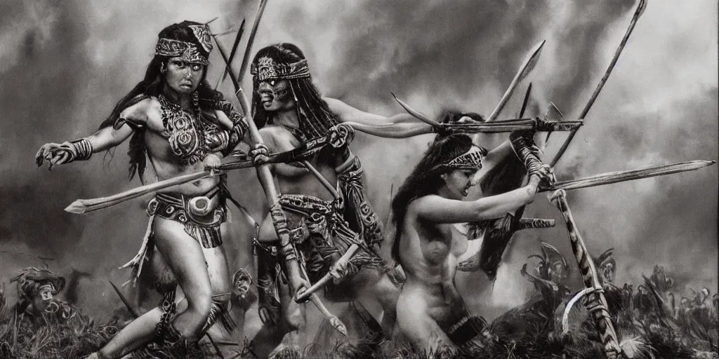 Image similar to movie, beautiful distanced aztec warrior female tribes attack each other,bows and arrows, spears, epic, vintage, black and white, Boris vallejo, sepia, apocalypto