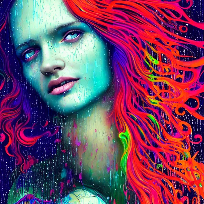 Image similar to bright psychedelic portrait with rain on face and wet hair, wings, smiling, diffuse lighting, fantasy, intricate, elegant, highly detailed, lifelike, photorealistic, digital painting, artstation, illustration, concept art, smooth, sharp focus, art by John Collier and Albert Aublet and Krenz Cushart and Artem Demura and Alphonse Mucha