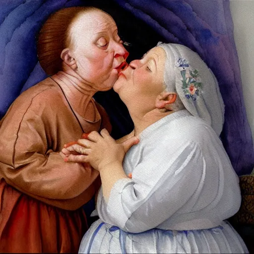 Prompt: a very funny stylize oil painting in renaissance style of a sweet fat old woman kissing her reflection. symmetry face, red mouth, blue eyes. flowery dress. hyper realistic scene. 3 d, octane render, deep focus, white scene. very funny and sweet image. unreal engine. watercolor. fellini style. klee style.