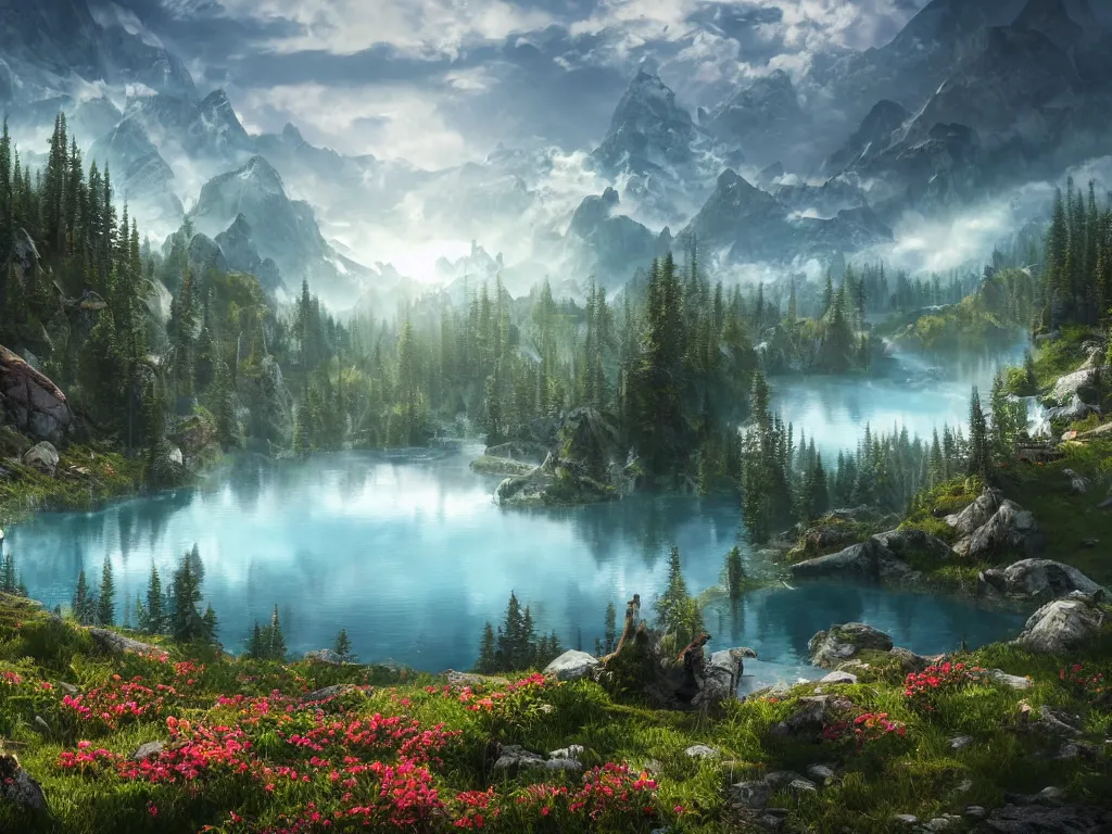 Image similar to a epic view of a mountainous lake, forest, flowers, concept art, trending on, very detailed, unreal engine, 4 k, photoreal, volumetric lighting, light rays, epic composition, warm colors, angelic