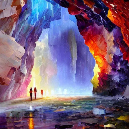 Image similar to A huge cave full of rainbow color crystals and gems on the ground, and stuck to the walls made of huge grey boulders, very dark, midnight, oil painting by Afremov and Greg Rutkowski.