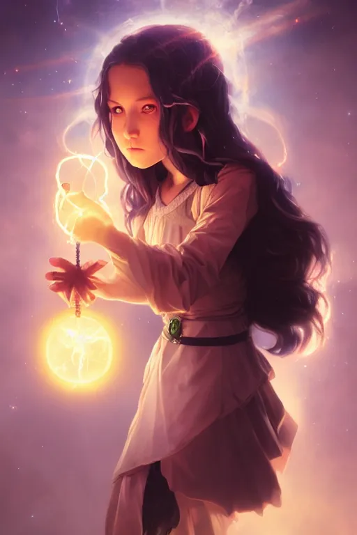 Image similar to a cute wizard girl conjuring a lightening ball, character art portrait, anime key visual, official media, illustrated by tom bagshaw, wlop, william bouguereau, extremely detailed, 8 k, trending on artstation, cinematic lighting, beautiful