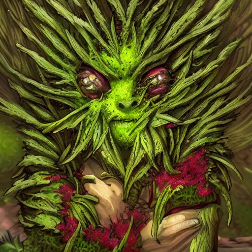 Prompt: A plant monster, highly detailed, digital art, sharp focus, trending on art station, leaves, moss, ferns, thistle, anime art style