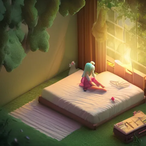 Image similar to 3d isometric rendering of a little cute girl on her bed dreaming of a beautiful forest, octane renderer, unreal engine, 4K, trending on artstation