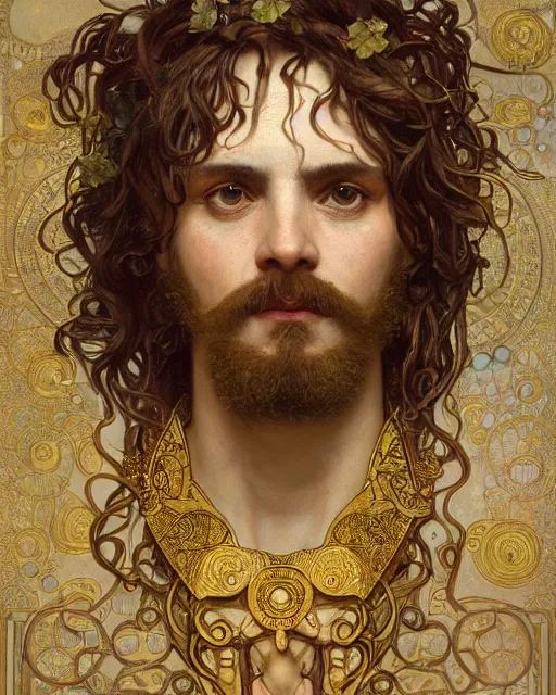 Prompt: a portrait of dionysus, realistic, beautiful, 8 k, by greg rutkowski, alphonse mucha, gustav klimt, ornate, very detailed, vines as jewelry, symmetry, sharp focus