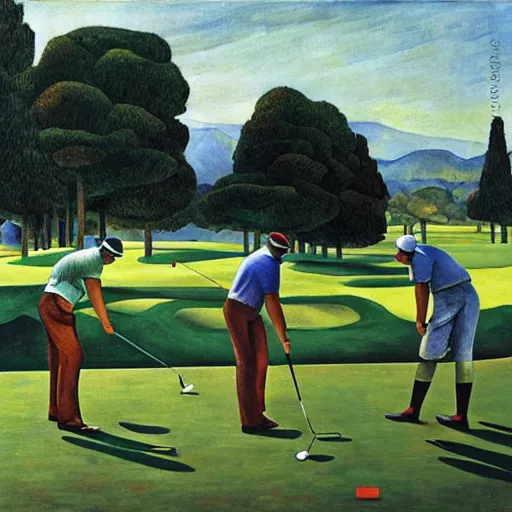 Image similar to Three golfers on a beautiful golf course driving range, by Diego Rivera