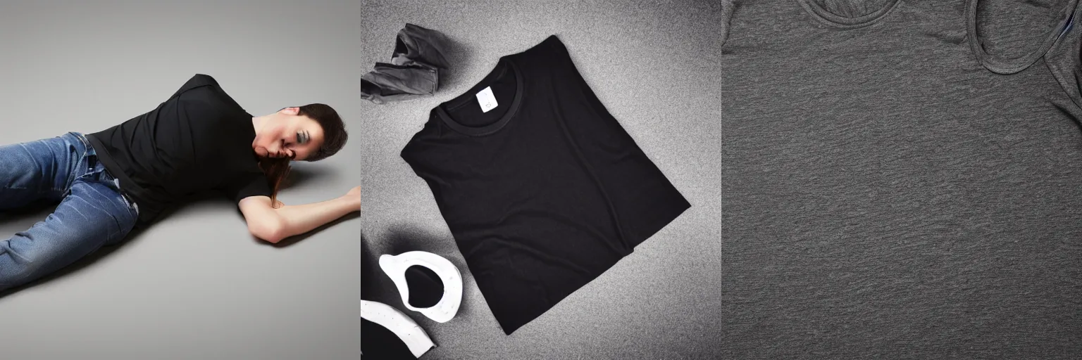 Prompt: a black tee shirt laying down flat, top view,