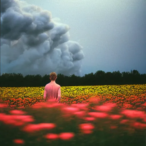 Image similar to close up kodak portra 4 0 0 photograph of a skinny guy standing in field looking at a tornado of flowers, back view, moody lighting, telephoto, 9 0 s vibe, blurry background, vaporwave colors, faded!,