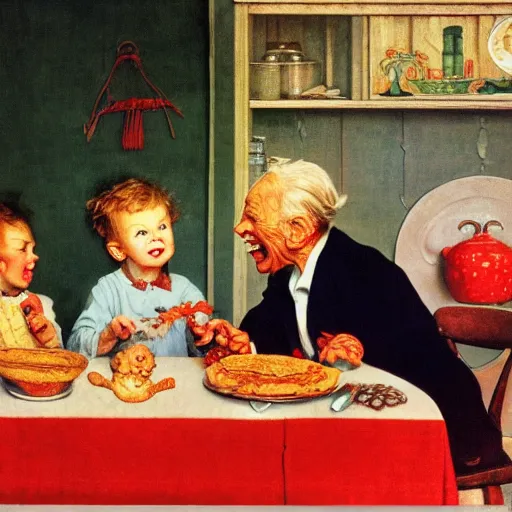 Image similar to hyper realistic hight detailed grandmother with a big mouth eating babies and william blake on the table in the russian kitchen, by norman rockwell, bright colors, 4 k, 1 6 k, 3 2 k, photorealistic, cartoon style