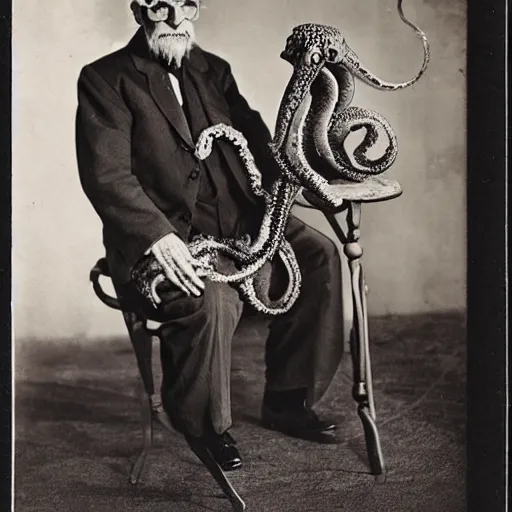 Image similar to spooky old man with an octopus on his lap, vintage photograph, atmospheric