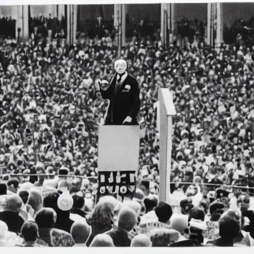 Image similar to an old black and white photo of a clown giving a rousing political speech to a huge crowd,