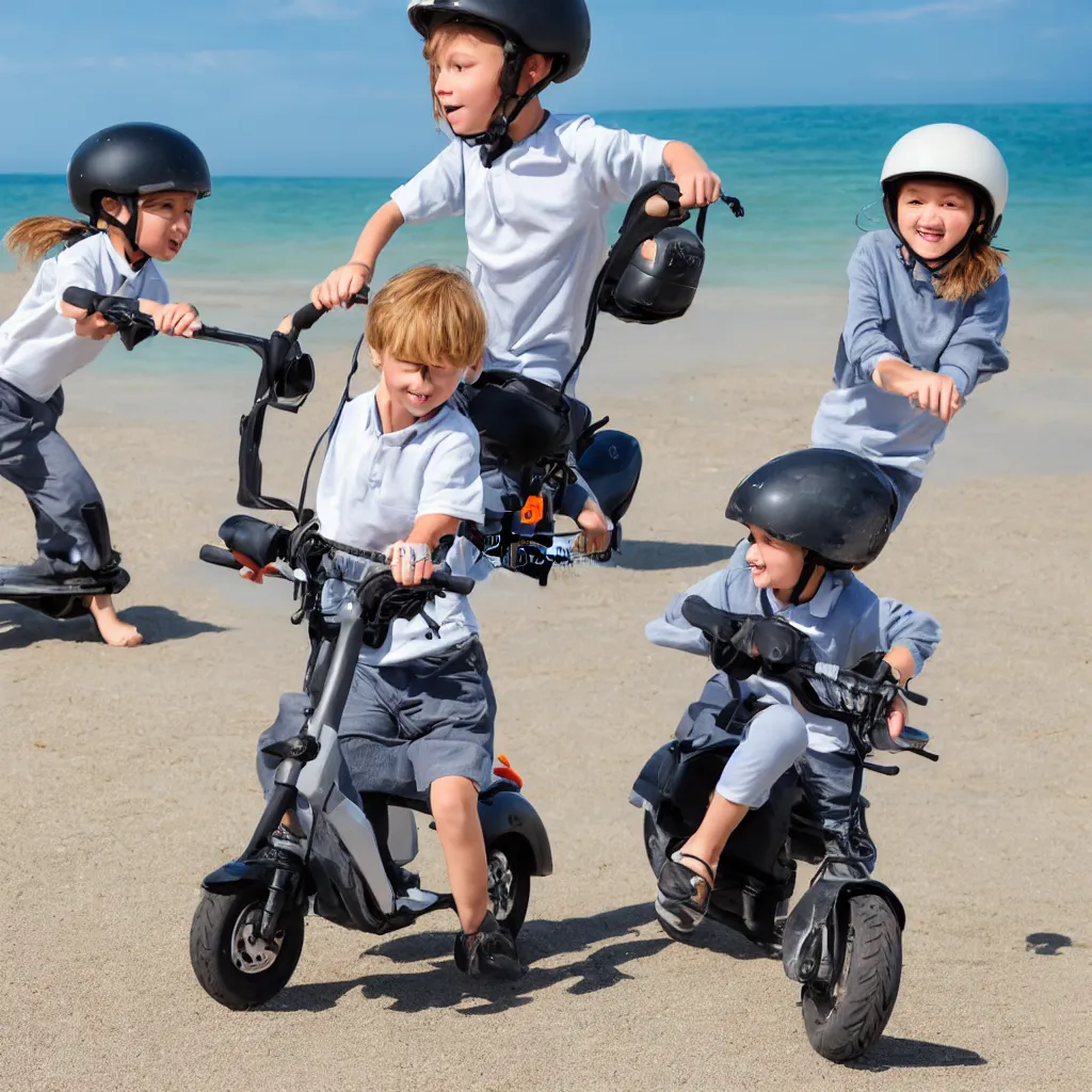 Image similar to very detailed stockphoto of two kids wearing a grey school uniform riding a scooter along the beach