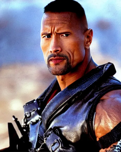 Image similar to film still close up shot of dwayne johnson in the movie mad max 2 the road warrior. photographic, photography