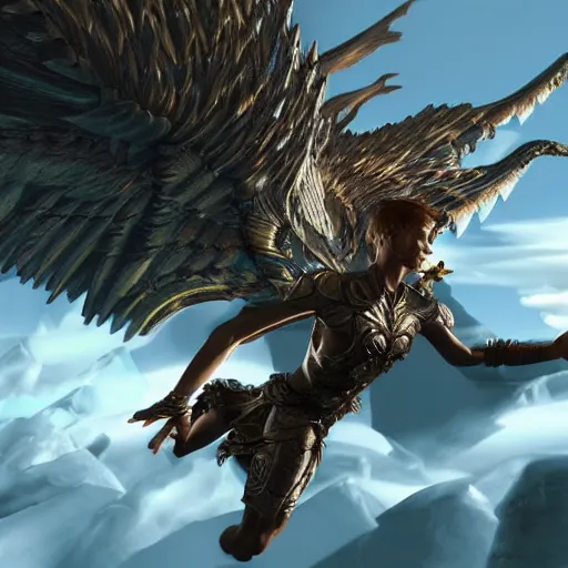 Image similar to hyperrealistic render of a winged male fantasy warrior flying through a magical world