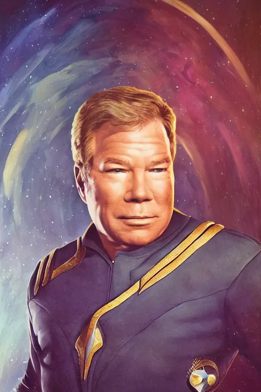 Image similar to portrait photograph of william shatner captain kirk as a glorious regal space king, sleek outfit, upper body, fantasy, handsome, depth of field, soft focus, highly detailed, intricate, realistic, national geographic cover, soft glow, textured, artstation, concept art, sharp focus, illustration, art by artgerm and greg rutkowski and alphonse mucha