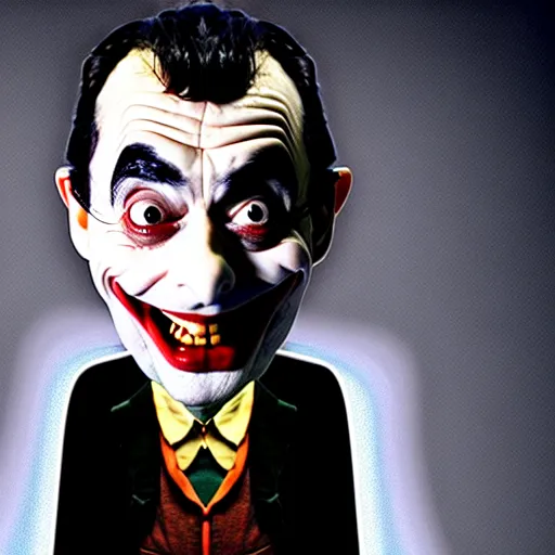 Image similar to mr. bean as the joker. movie still. cinematic lighting.