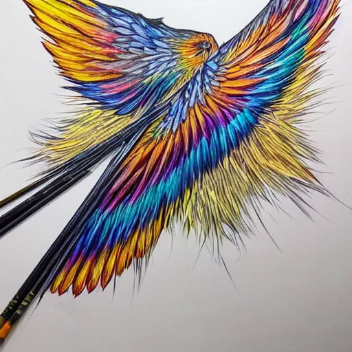 Image similar to picture of long spear made of multicoloured feathered wings, prismatic, full detailed drawing, hyperrealism, full weapon drawing, magic the gathering, white background