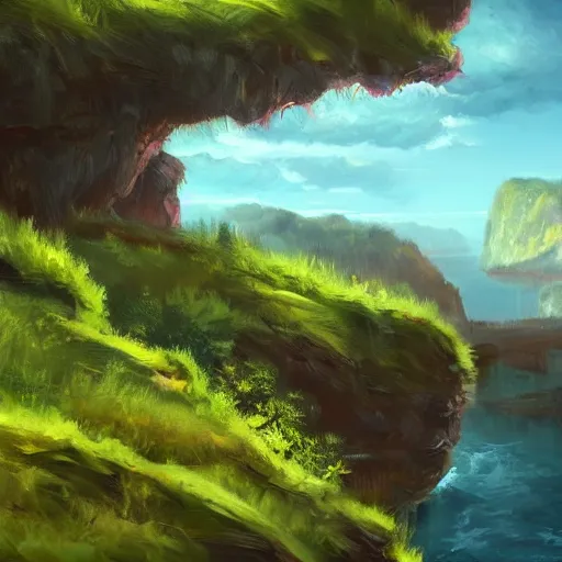 Prompt: painting of a lush natural scene on an alien planet trending on artstation. beautiful landscape. weird vegetation. cliffs and water.