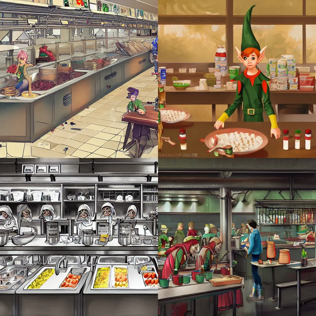 Prompt: a lost elf stuck in a school canteen, at checkout, rows of preheated canteen in background, american canteen, digital illustration, highly detailed, trending on ArtStation