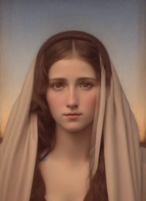 Image similar to beautiful art portrait by John William Godward and Anna Dittman depicting saint mary, evening, atmospheric lighting, intricate detail, cgsociety, hyperrealistic, octane render, ambient light, dynamic lighting