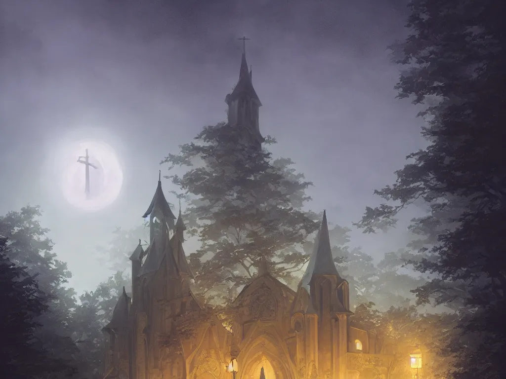 Image similar to A highly detailed painting of a dark church at night, moon, forest, by Studio Ghibli, Makoto Shinkai, by Artgerm, by WLOP, by Greg Rutkowski, volumetric lighting, octane render, 4K resolution, trending on artstation, masterpiece