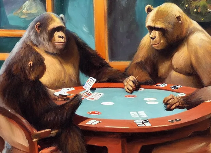 Prompt: gorrila and a bear playing poker, highly detailed beautiful, by gregory manchess, james gurney, james jean