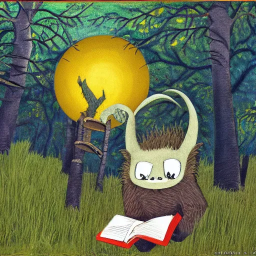 Prompt: monster reading a book in a forest, where the wild things are, bicycle nearby, oil on canvas, calm, maurice sendak