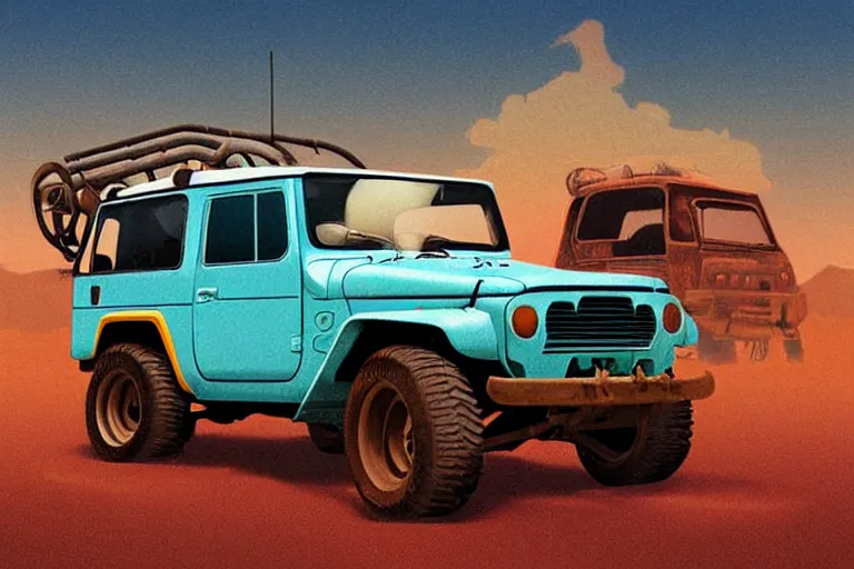 Image similar to digital illustration of a faded cyan mad max's fj 4 0 decrepit!!!! pursuit special, rusty!!! nissan fj cruiser heavily modded 1 9 9 0 s, the last v 8 interceptor by makoto shinkai, ilya kuvshinov, lois van baarle, rossdraws, basquiat