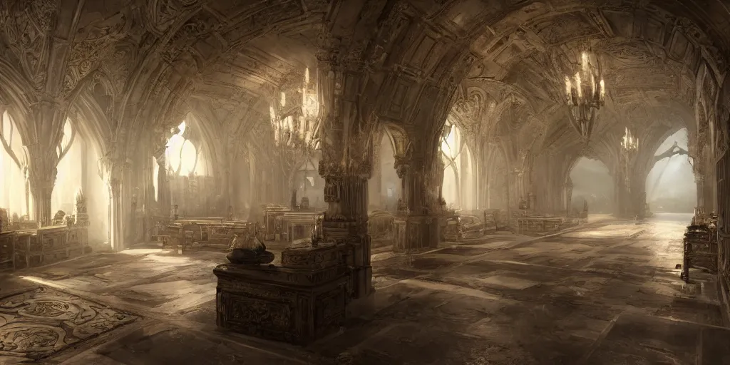 Prompt: interior of a castle, beautiful dynamic lighting, cinematic, wide angle establishing shot, extremely high detail, photo realistic, cinematic lighting, post processed, concept art, artstation, matte painting, style by eddie mendoza, raphael lacoste, alex ross, volumetric lighting, light rays, photorealistic, ultrarealistic, moody, coronarender, 8 k