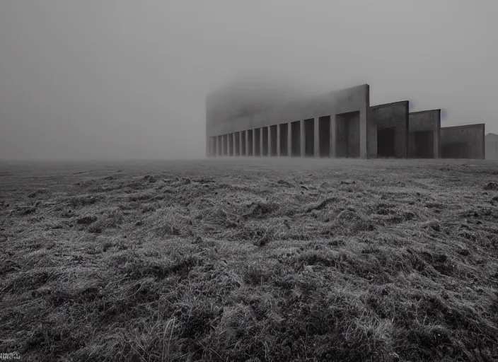 Image similar to high resolution black and white photography with a 3 5 mm f / 2 2. 0 lens of brutalist architectural building blocks in the middle of a russian wasteland in the 1 9 8 0 s in the middle of nowhere, there is fog. fine art photography and very detailed