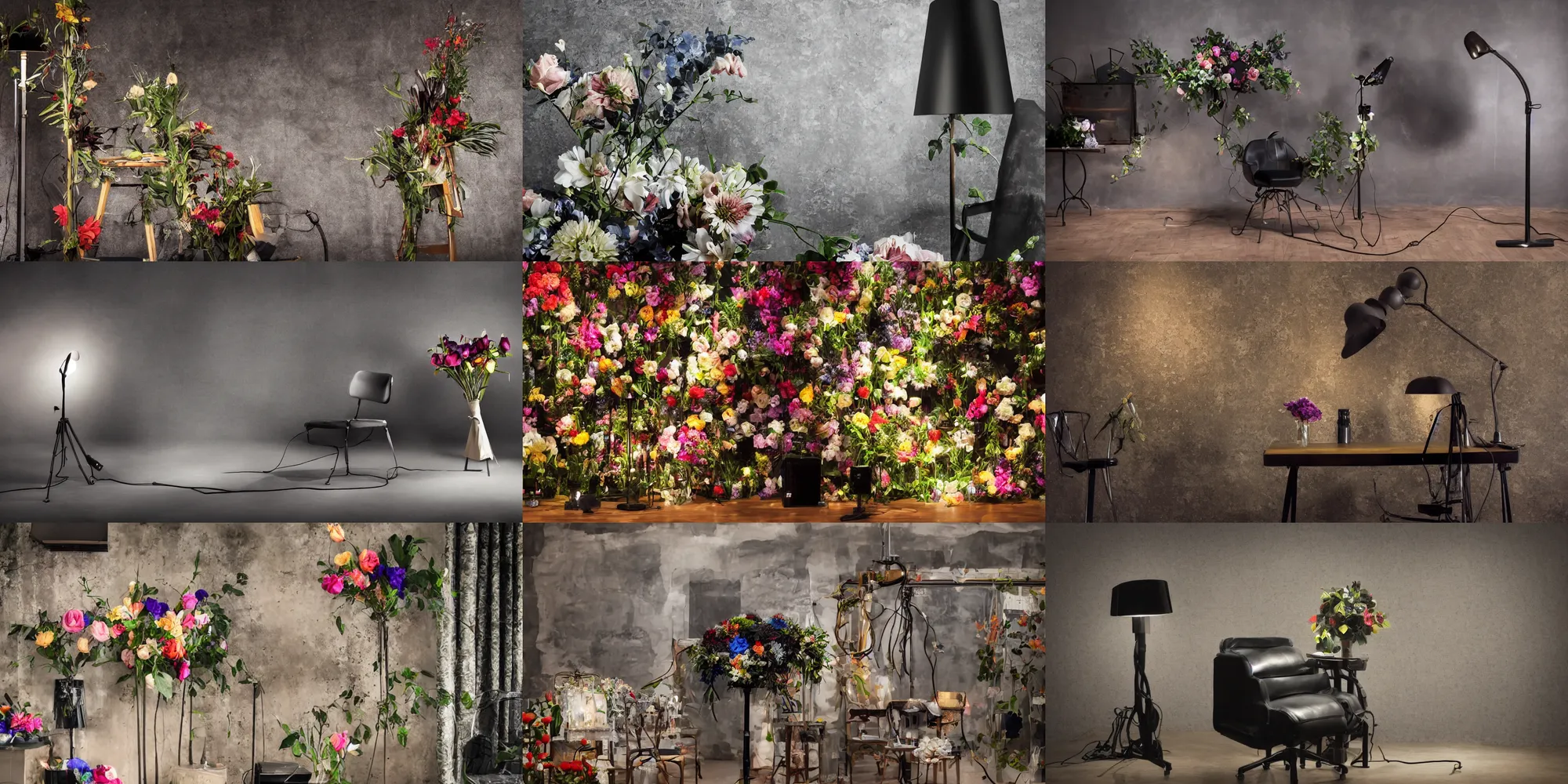 Prompt: detailed studio photograph, wide angle, dark background! pitch black! studio setting, darkness, high quality, elegance, tv production, pitch black background, single chair, single chair, tall colorful flower bouquet oppulent, standing lamp luxury, famous designer lamp