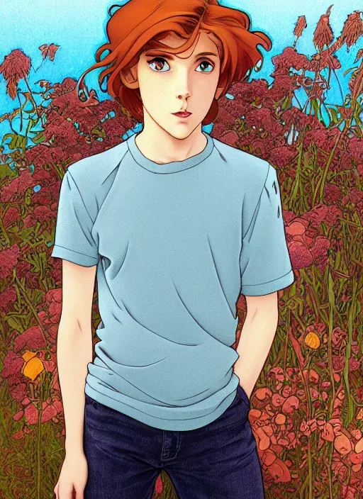 Image similar to art nouveau portrait of a teen boy with completely straight auburn hair, light blue eyes, pale skin, freckles, sad expression, t - shirt, modern casual clothing, natural lighting, path traced, highly detailed, high quality, cartoon, digital painting, by don bluth and ross tran and studio ghibli and alphonse mucha