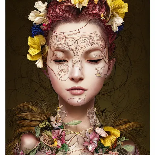 Prompt: the portrait of an absurdly beautiful, graceful, elegant innocent woman made of bananas and petals looking up, an ultrafine detailed illustration by kim jung gi, irakli nadar, intricate linework, bright colors, octopath traveler, final fantasy, angular, unreal engine 5 highly rendered, global illumination, radiant light, detailed and intricate environment