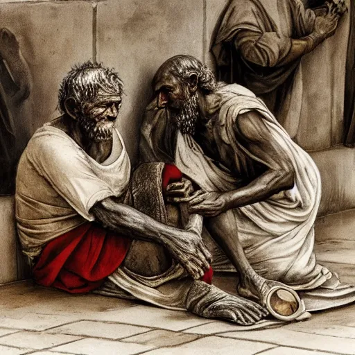 Image similar to ragged leper begging for coins on a streetcorner in biblical times. The street is very dusty. The leper wears brown sandals. art by michaelangelo. Black, white, red color scheme. Tricolor image. Black, white, red.