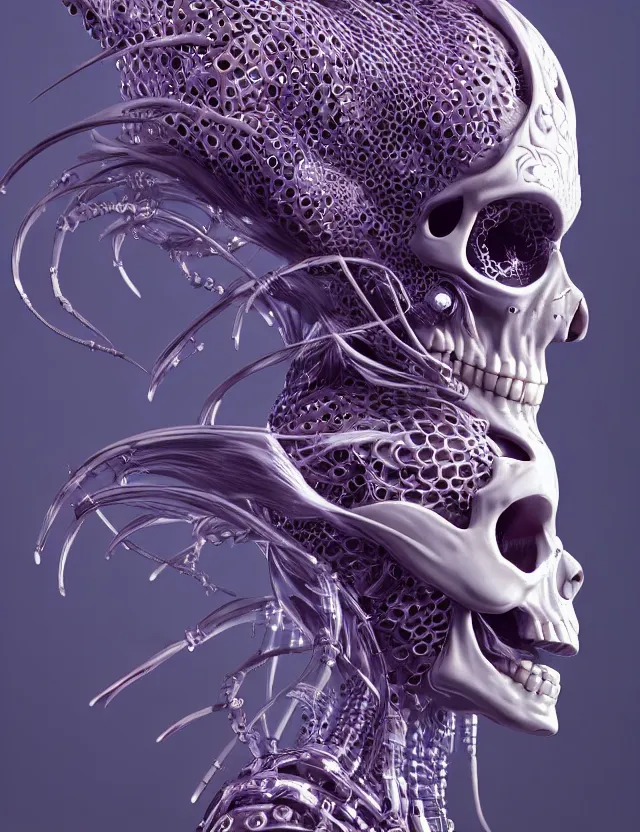 Image similar to 3 d goddess close - up profile simple portrait cybernetic with skull. beautiful intricately detailed japanese crow kitsune mask and clasical japanese kimono. betta fish, jellyfish phoenix, bio luminescent, plasma, ice, water, wind, creature, artwork by tooth wu and wlop and beeple and greg rutkowski