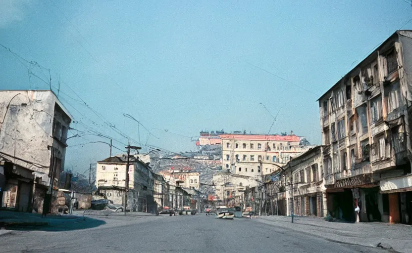 Image similar to movie still of a soviet street from Sarajevo in 1960s , Cinestill 800t 18mm
