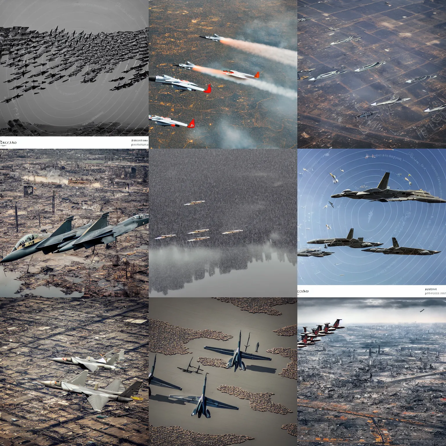 Prompt: ground landscape photograph of a group of fighter jets flying over a destroyed city, color, reflections, atmospheric, award winning photo, bloom