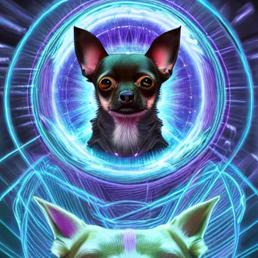 Image similar to a chihuahua with a third eye living in an extradimensional reality, in the style of wlop and alex grey, illustration, epic, fantasy, hyper detailed, smooth, unreal engine, sharp focus, ray tracing, physically based rendering