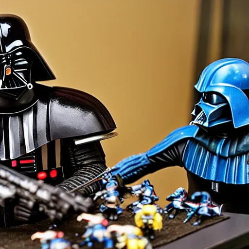 Image similar to Darth Vader collects miniature battles of Warhammer 40,000 space marine figurines on his desktop at a table with a bright lamp, realism, depth of field, focus on Darth Vader,