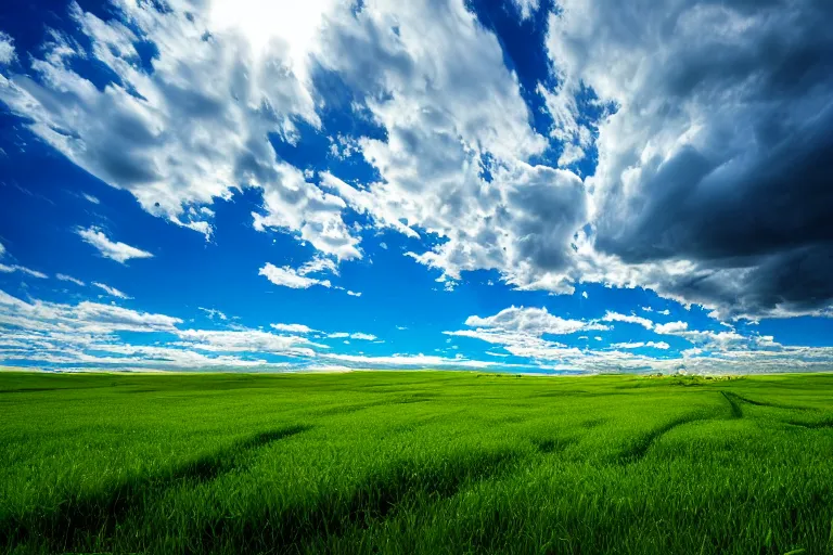 Image similar to windows bliss wallpaper, green field, blue partly cloudy sky, hdr, 4 k, highly detailed, professional photography, by marc adamus