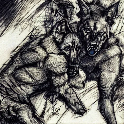 Image similar to a humanoid german shepherd beast - man wrestling with another german shepherd in the middle of an arena, pencil art, added detail, high definiton, colored, aerial viewyoji shinkawa