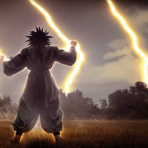 Image similar to jesus Christ as super saiyan, lightning in the sky, glowing, highly detailed, focus, photorealistic, cryengine