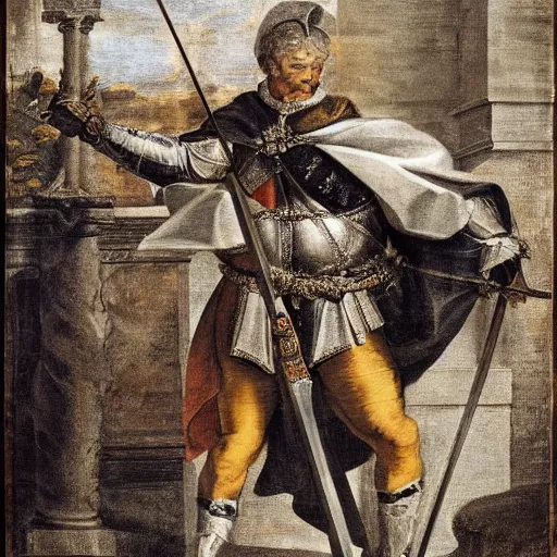 Image similar to donald trump, wearing knight ’ s armor, holding a spectacular broadsword, by annibale carracci, two arms, two legs, symmetrical face, detailed face